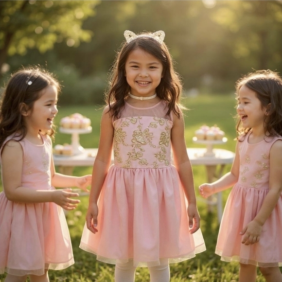 The Children’s Place ✦ Pink Satin Party Dress ✦ Gold Embroidery Tulle Skirt 10 - Picture 5 of 8